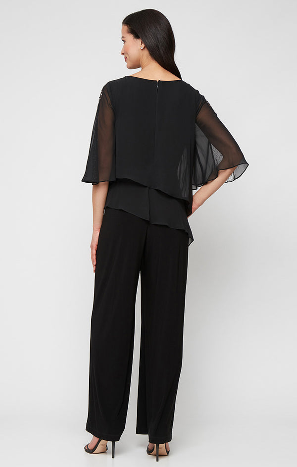 S.L. Fashions Plus Matte Jersey Jumpsuit With Chiffon Double Tier Overlay Bodice And Embellished Sleeves