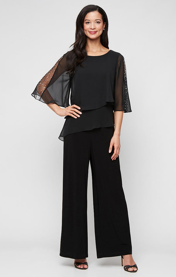 S.L. Fashions Plus Matte Jersey Jumpsuit with Chiffon Double Tier Overlay Bodice and Embellished Sleeves