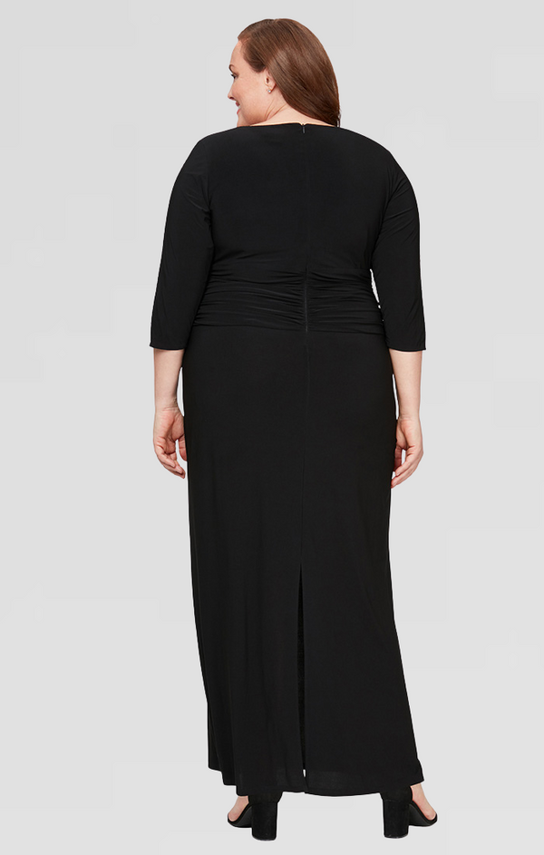 S.L. Fashions Plus Matte Jersey Long Dress With Embellished 3/4 Sleeve Detail