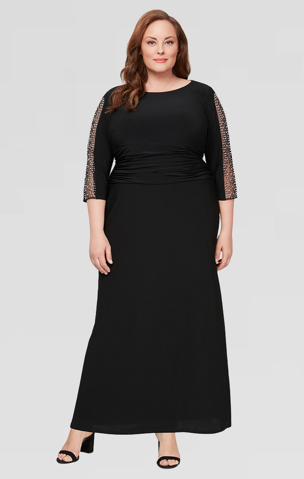 S.L. Fashions Plus Matte Jersey Long Dress with Embellished 3/4 Sleeve Detail