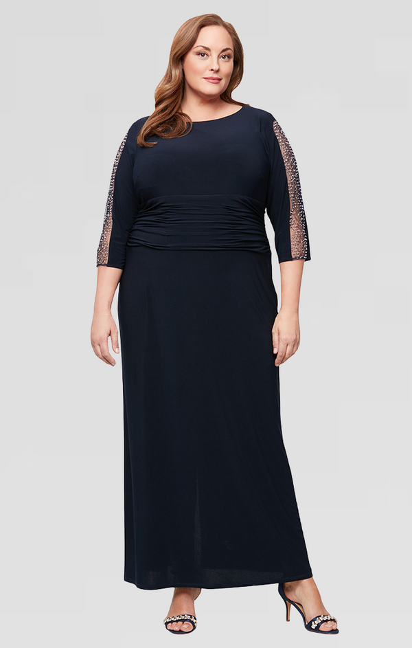 S.L. Fashions Plus - Matte Jersey Long Dress with Embellished 3/4 Sleeve Detail