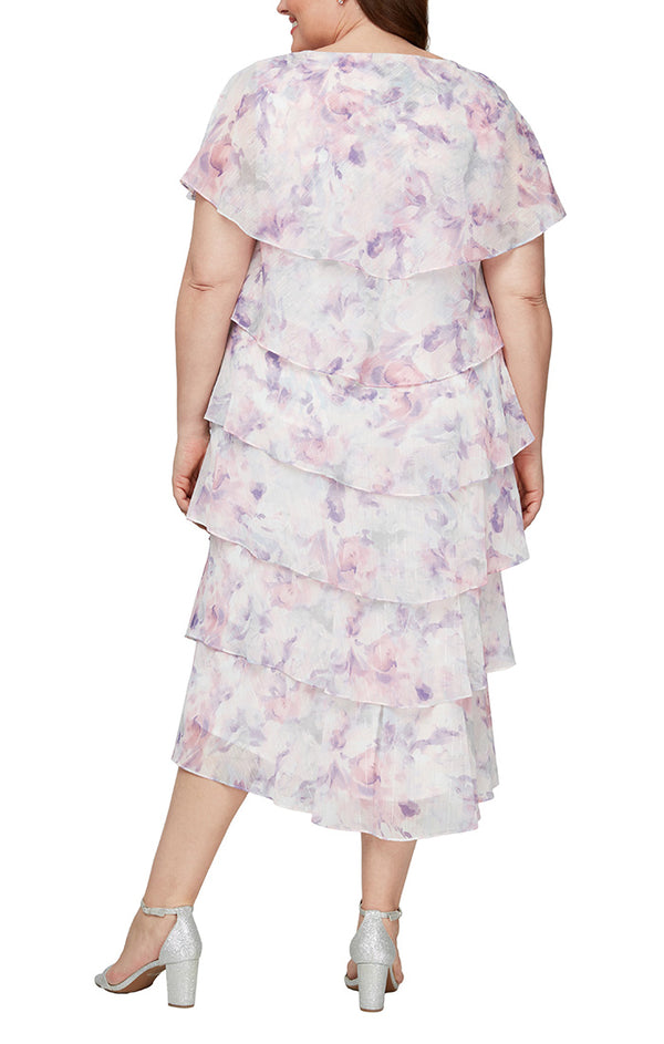 S.L. Fashions Plus - Midi Printed Tiered Dress With Embellishment Detail At Shoulders