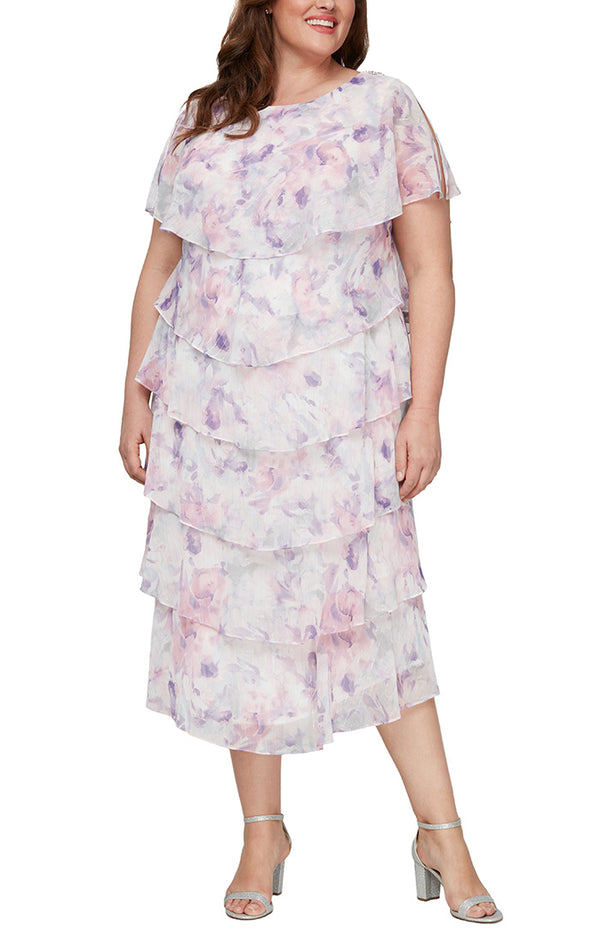 S.L. Fashions Plus - Midi Printed Tiered Dress with Embellishment Detail at Shoulders