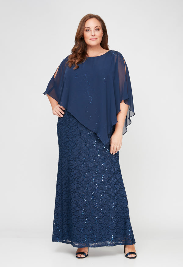 S.L. Fashions Plus Popover Dress With Beaded Shoulder Detail and Asymmetric Overlay