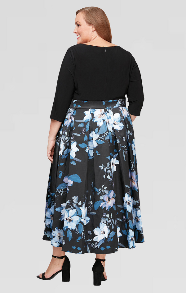 S.L. Fashions Plus Printed Mikado High/Low Party Dress With 3/4 Sleeves Tie Belt & Pockets