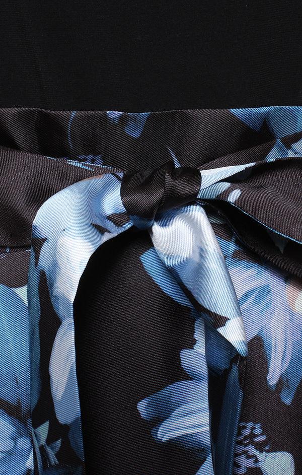 S.L. Fashions Plus Printed Mikado High/Low Party Dress With 3/4 Sleeves Tie Belt & Pockets