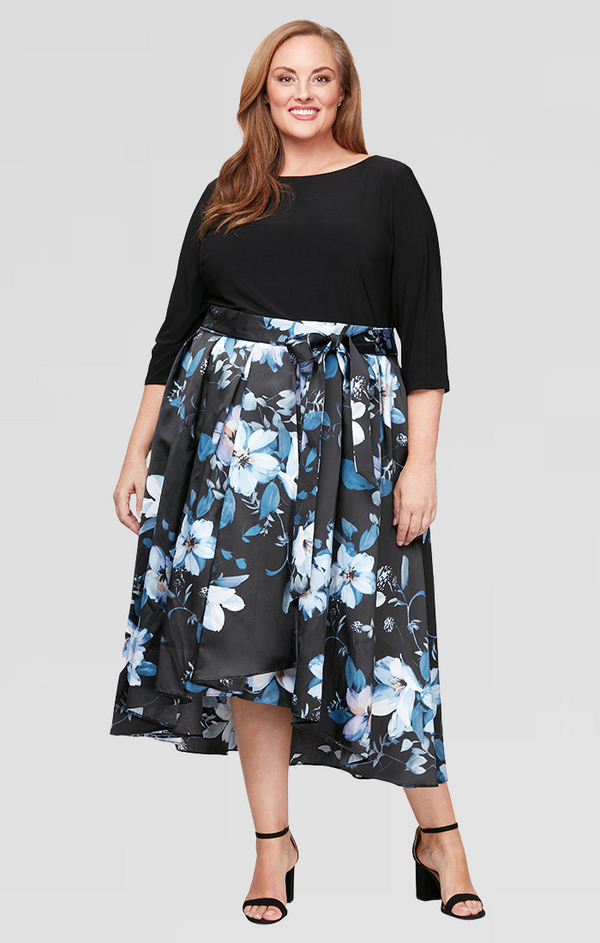 S.L. Fashions Plus Printed Mikado High/Low Party Dress with 3/4 Sleeves Tie Belt & Pockets