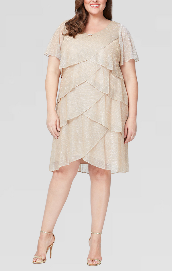 S.L. Fashions Plus Shimmer Bodre Chiffon Tiered Cocktail Dress