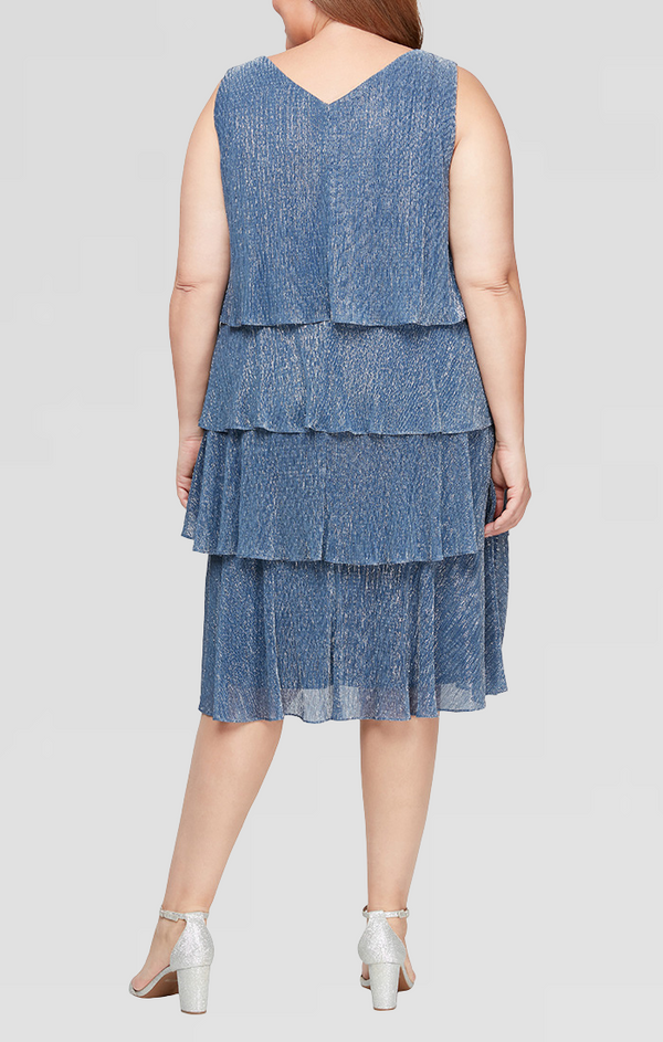 S.L. Fashions Plus Shimmer V-Neck Tiered Jacket Dress With Open Cascade Jacket
