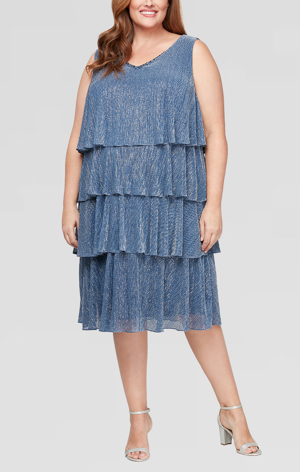 S.L. Fashions Plus Shimmer V-Neck Tiered Jacket Dress With Open Cascade Jacket