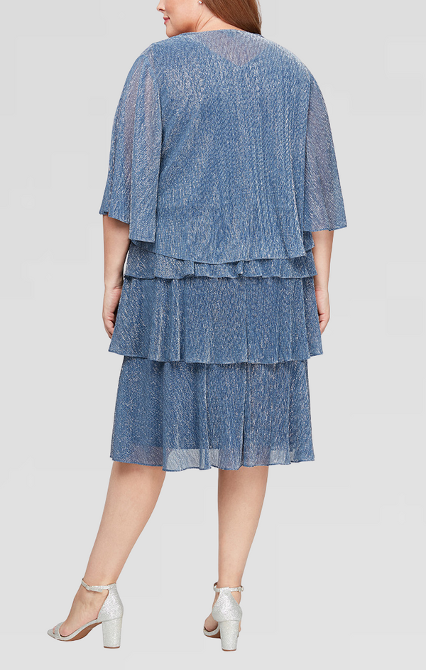 S.L. Fashions Plus Shimmer V-Neck Tiered Jacket Dress With Open Cascade Jacket