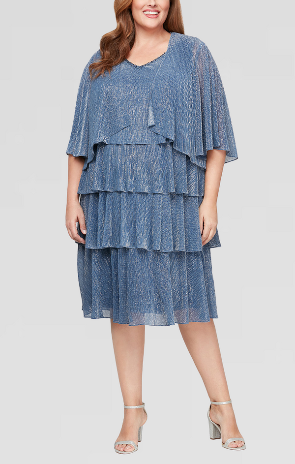 S.L. Fashions Plus Shimmer V-Neck Tiered Jacket Dress with Open Cascade Jacket