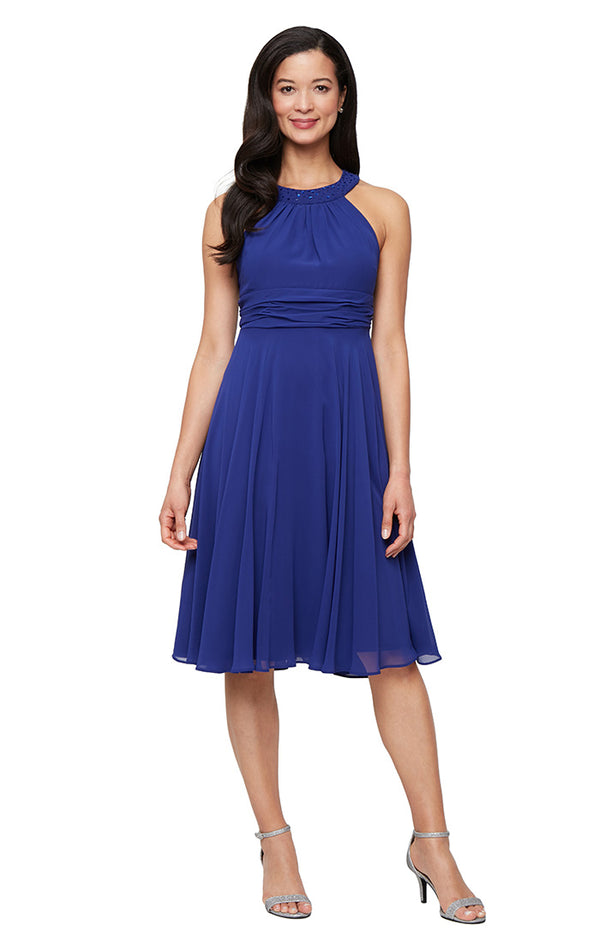 S.L. Fashions Plus Short Chiffon Jacket Dress With Embellished Cutaway Halter Neckline Ruched Waist And Open Illusion Jacket