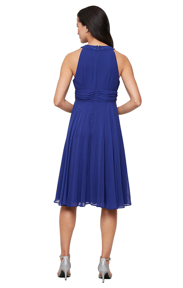 S.L. Fashions Plus Short Chiffon Jacket Dress With Embellished Cutaway Halter Neckline Ruched Waist And Open Illusion Jacket