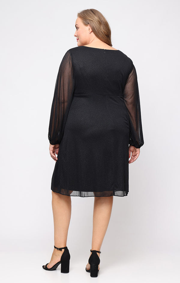 S.L. Fashions Plus Short Glitter Mesh Dress With V-Neckline Asymmetric Empire Bodice And Illusion Sleeves