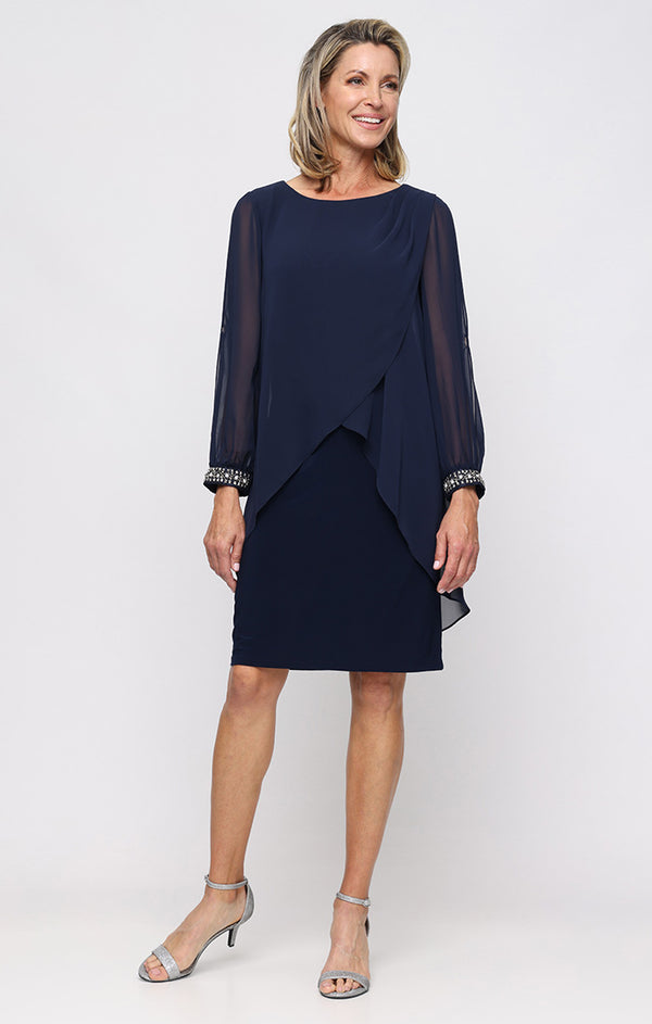 S.L. Fashions Plus Short Jersey Sheath Dress With Chiffon Tulip Overlay Bodice And Beaded Illusion Cuff Sleeves