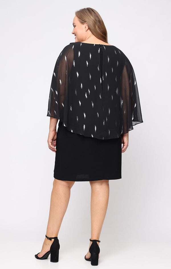 S.L. Fashions Plus Short Matte Jersey Sheath Dress With Foil Printed Chiffon Overlay Bodice