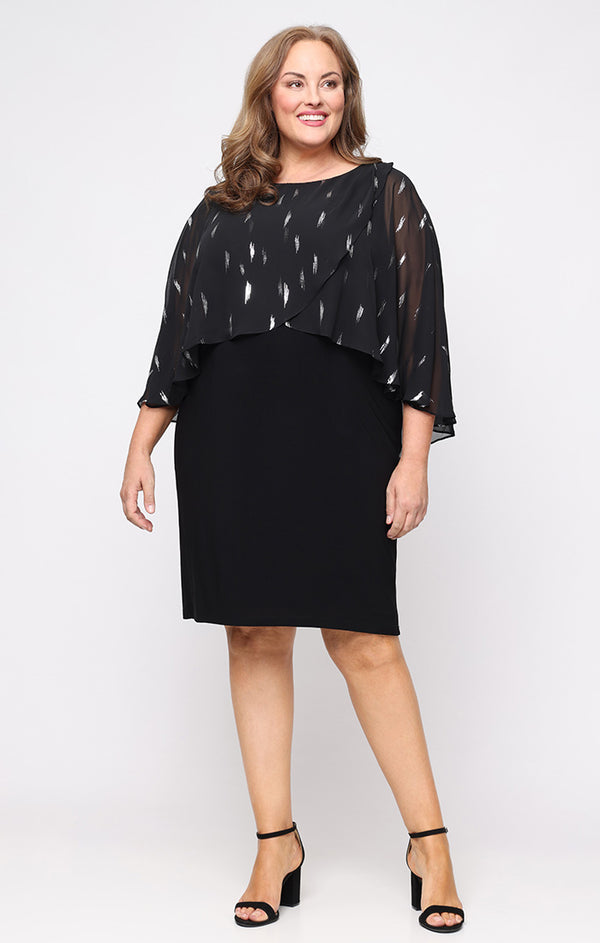 S.L. Fashions Plus Short Matte Jersey Sheath Dress with Foil Printed Chiffon Overlay Bodice