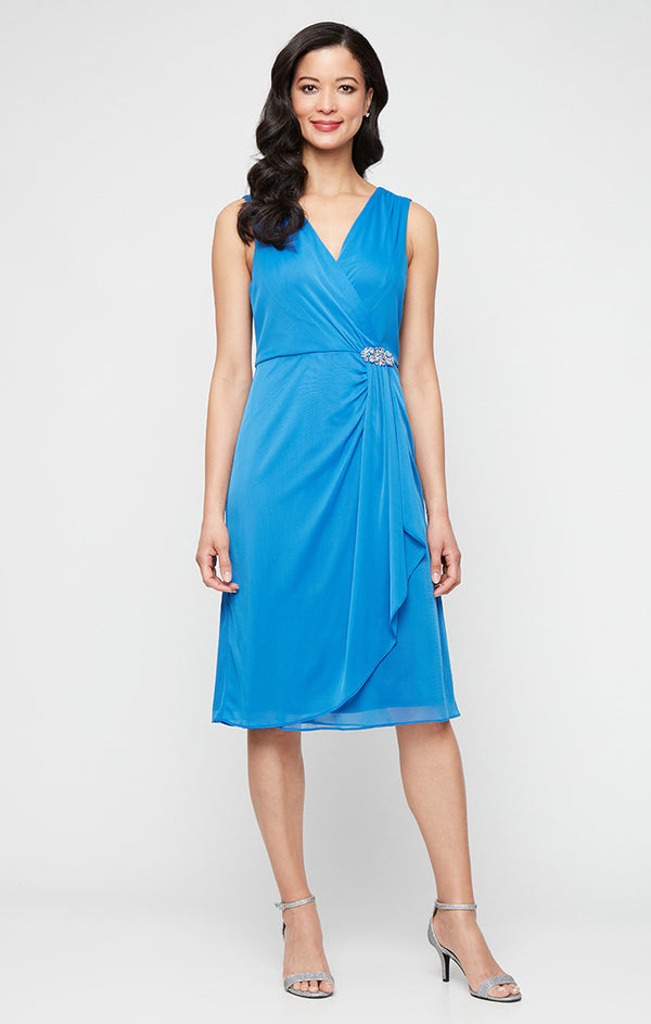 S.L. Fashions Plus Short Mesh Dress With Surplice Neckline Embellished Waist Cascade Ruffle Skirt And Elongated Illusion Jacket