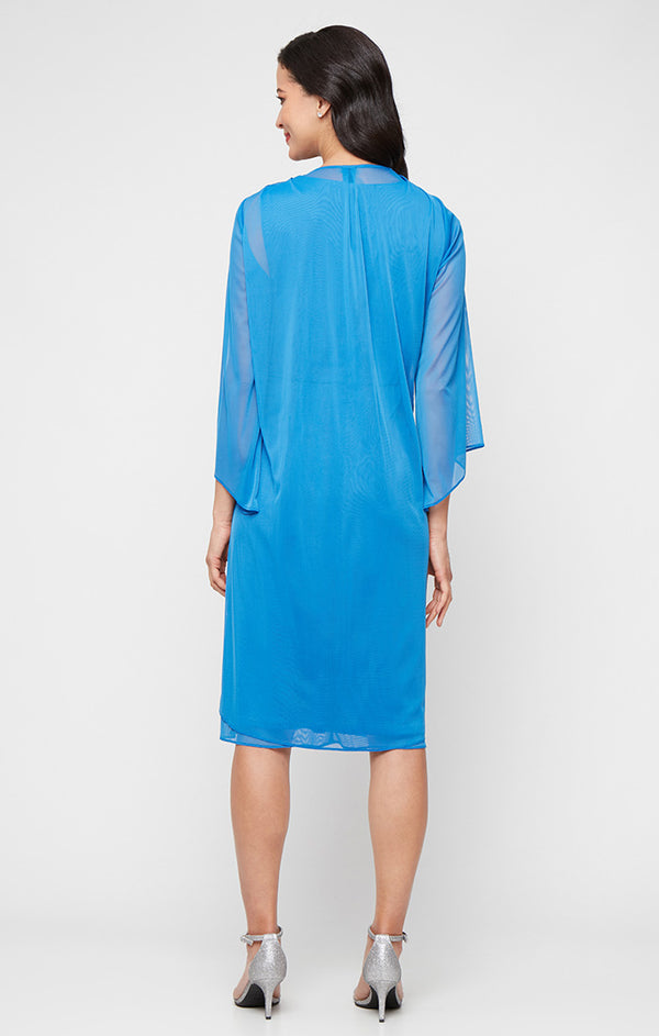 S.L. Fashions Plus Short Mesh Dress With Surplice Neckline Embellished Waist Cascade Ruffle Skirt And Elongated Illusion Jacket