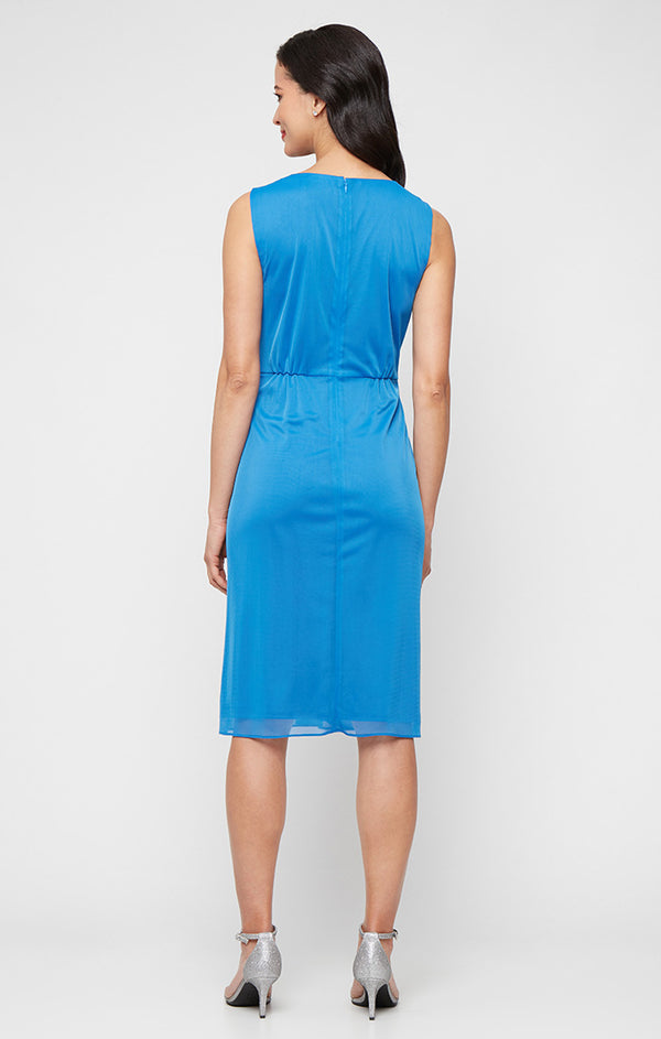 S.L. Fashions Plus Short Mesh Dress With Surplice Neckline Embellished Waist Cascade Ruffle Skirt And Elongated Illusion Jacket