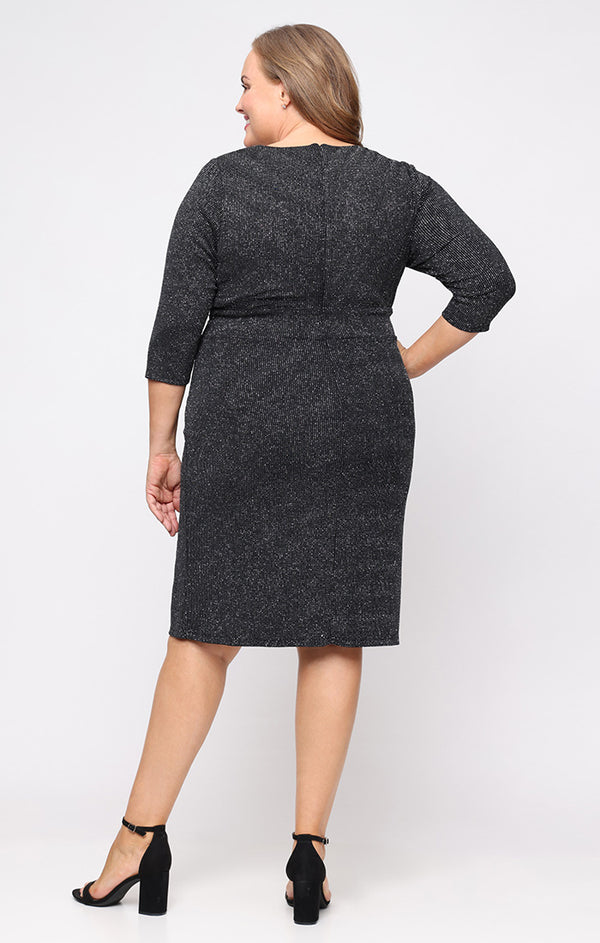 S.L. Fashions Plus Short Metallic Knit Sheath Dress With Surplice Neckline And Cascade Detail Skirt
