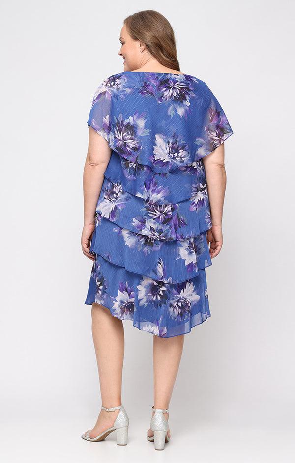S.L. Fashions Plus Short Printed Lurex Chiffon Tiered Dress With Embellished V-Neckline