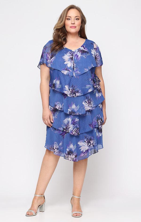 S.L. Fashions Plus Short Printed Lurex Chiffon Tiered Dress with Embellished V-Neckline