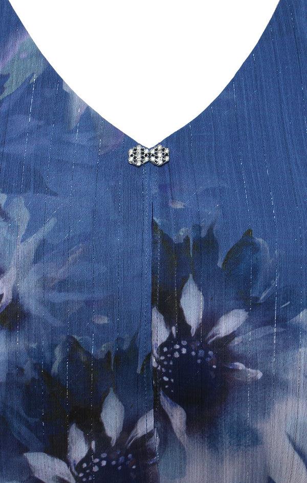 S.L. Fashions Plus Short Printed Lurex Chiffon Tiered Dress With Embellished V-Neckline