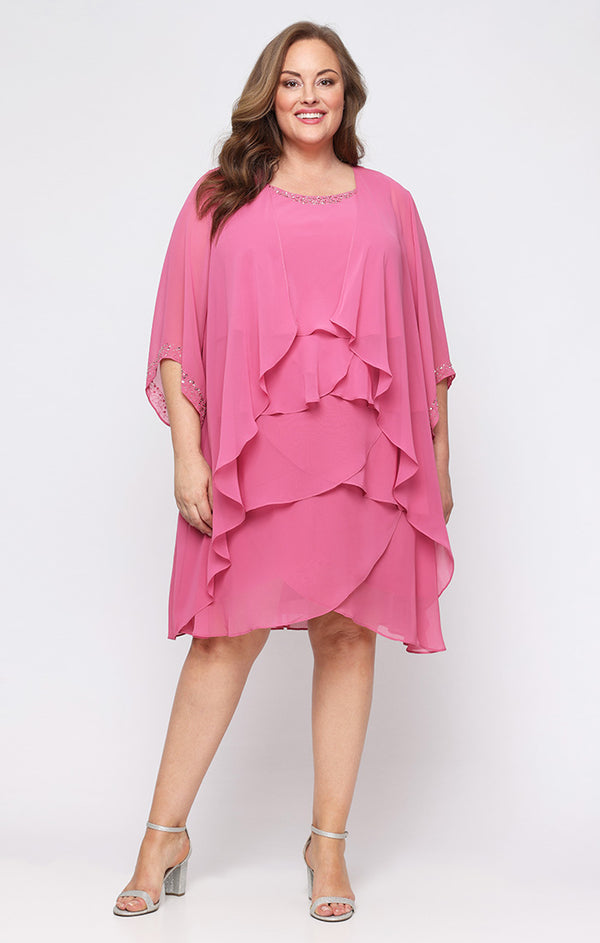 S.L. Fashions Plus Short Tiered Chiffon Jacket Dress with Embellishment Detail at Neckline and Sleeves S.L. Fashions Plus Short Tiered Chiffon Jacket Dress with Embellishment Detail at Neckline and Sleeves