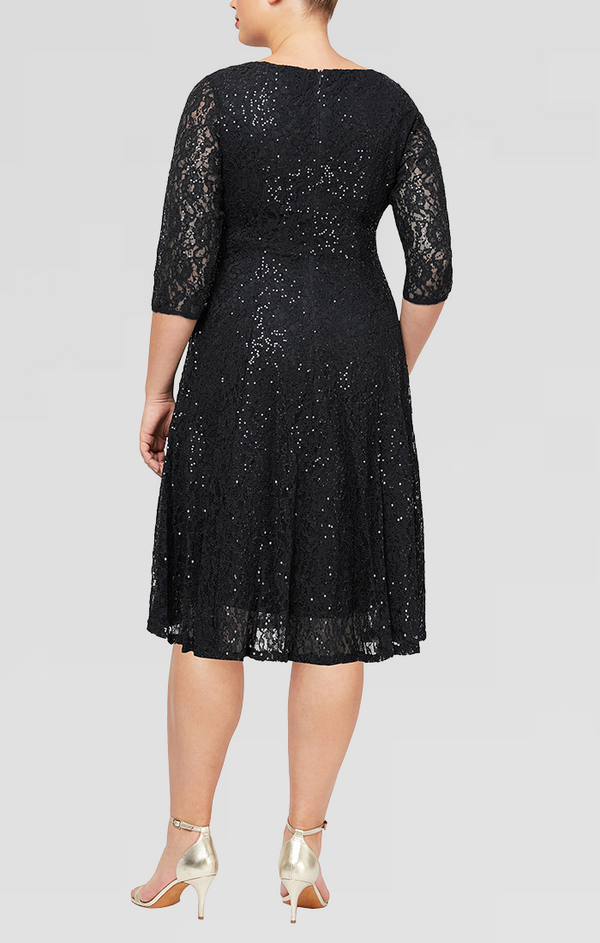 S.L. Fashions Plus Sleeved Sweetheart Neck Tea Length Dress