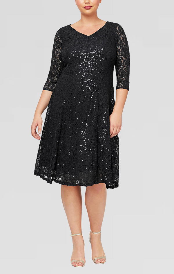 S.L. Fashions Plus Sleeved Sweetheart Neck Tea Length Dress S.L. Fashions Plus Sleeved Sweetheart Neck Tea Length Dress