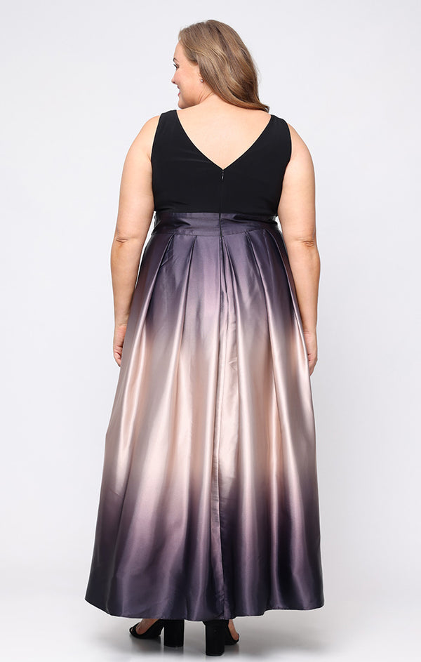 S.L. Fashions Plus Sleeveless Gown With Satin Ombre Skirt & Tie Belt