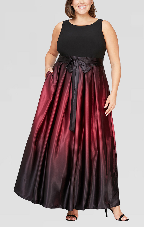 S.L. Fashions Plus Sleeveless Gown With Satin Ombre Skirt & Tie Belt