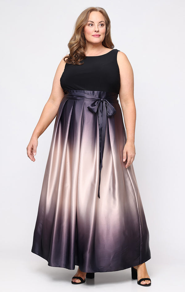 S.L. Fashions Plus Sleeveless Gown with Satin Ombre Skirt & Tie Belt