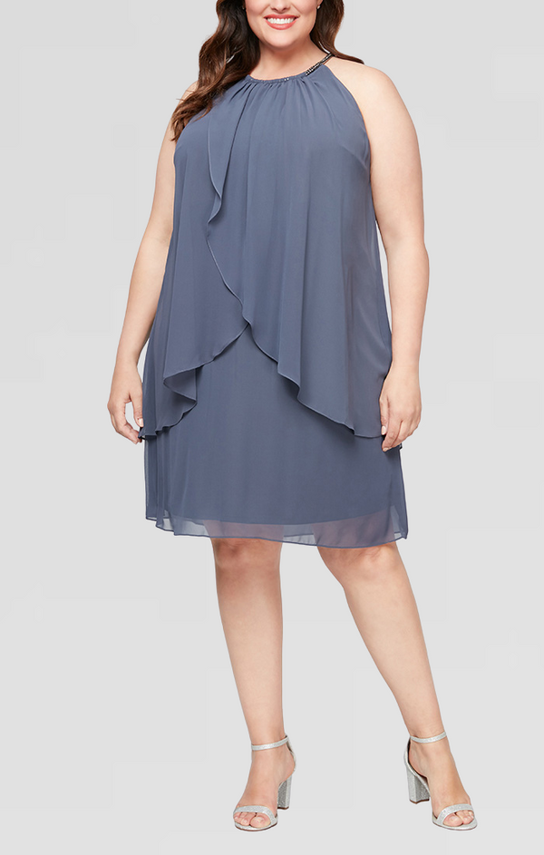 S.L. Fashions Plus Split Front Chiffon Dress with Bead Cord Necklace