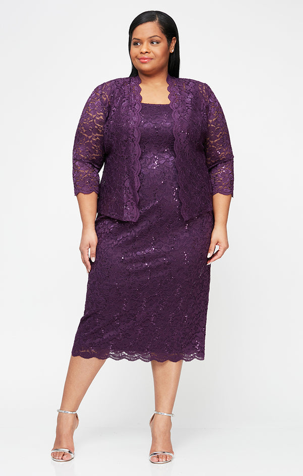 S.L. Fashions Plus Tea-Length Lace Jacket Dress with Sequin Detail