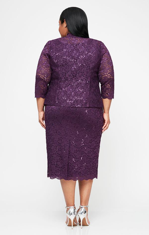 S.L. Fashions Plus Tea-Length Lace Jacket Dress With Sequin Detail