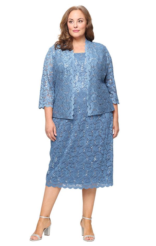 S.L. Fashions Plus - Tea-Length Lace Jacket Dress with Sequin Detail