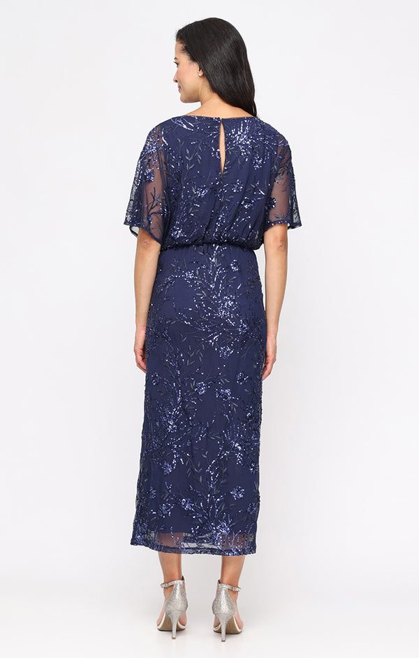 S.L. Fashions Plus Tea-Length Mesh Sequin Blouson Dress