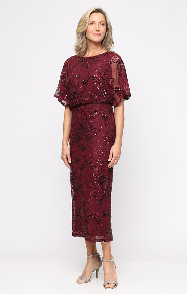 S.L. Fashions Plus Tea-Length Mesh Sequin Blouson Dress