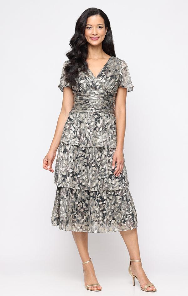 S.L. Fashions Plus Tea Length Printed Lurex Bodre Dress with Ruched Waist Surplice Bodice Cold Shoulder Sleeves and Tiered Skirt S.L. Fashions Plus Tea Length Printed Lurex Bodre Dress with Ruched Waist Surplice Bodice Cold Shoulder Sleeves and Tiered Skirt
