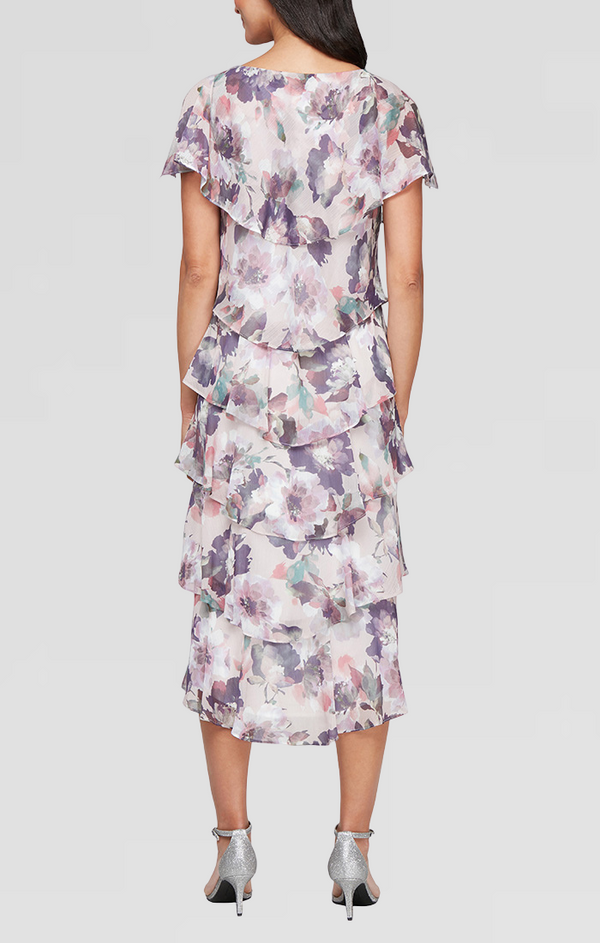 S.L. Fashions Plus - Tea Length Printed Tiered Dress With Capelet Sleeves And Embellishment At Shoulders