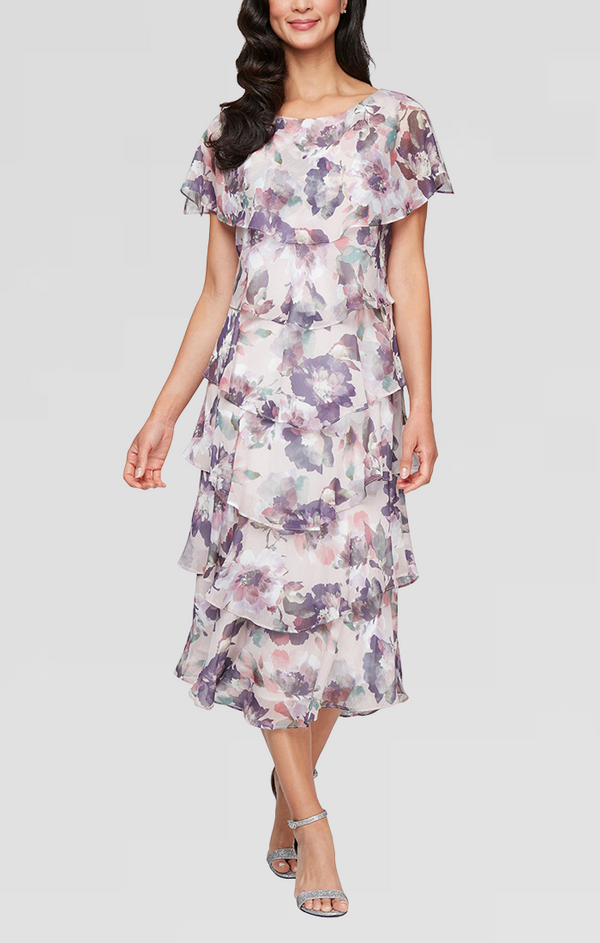 S.L. Fashions Plus - Tea Length Printed Tiered Dress With Capelet Sleeves and Embellishment at Shoulders