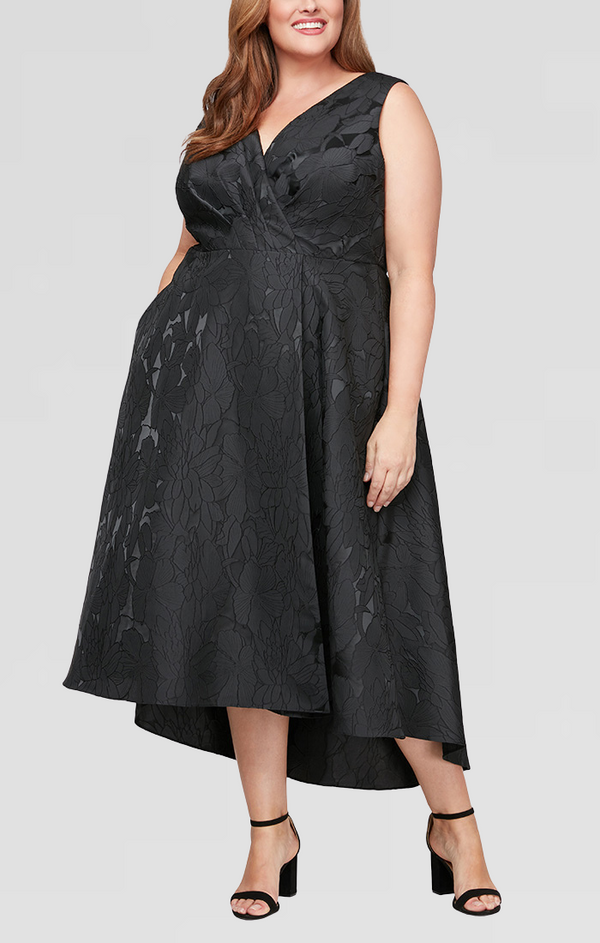 S.L. Fashions Plus Tea-Length Sleeveless Jacquard Surplice Neckline High/Low Dress