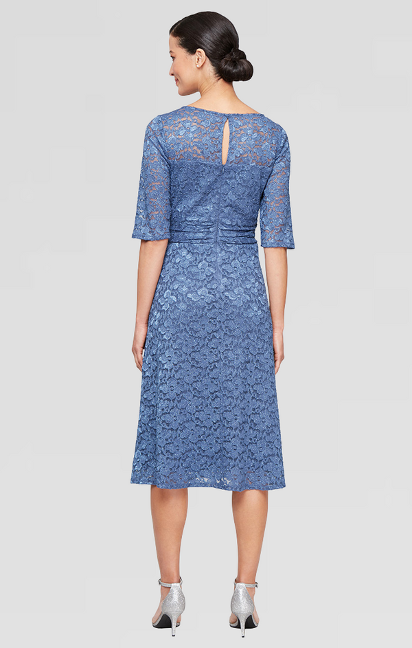 S.L. Fashions Plus - Tea Length Stretch Glitter Lace Dress With Ruched Waist Elbow Sleeves And A-Line Skirt
