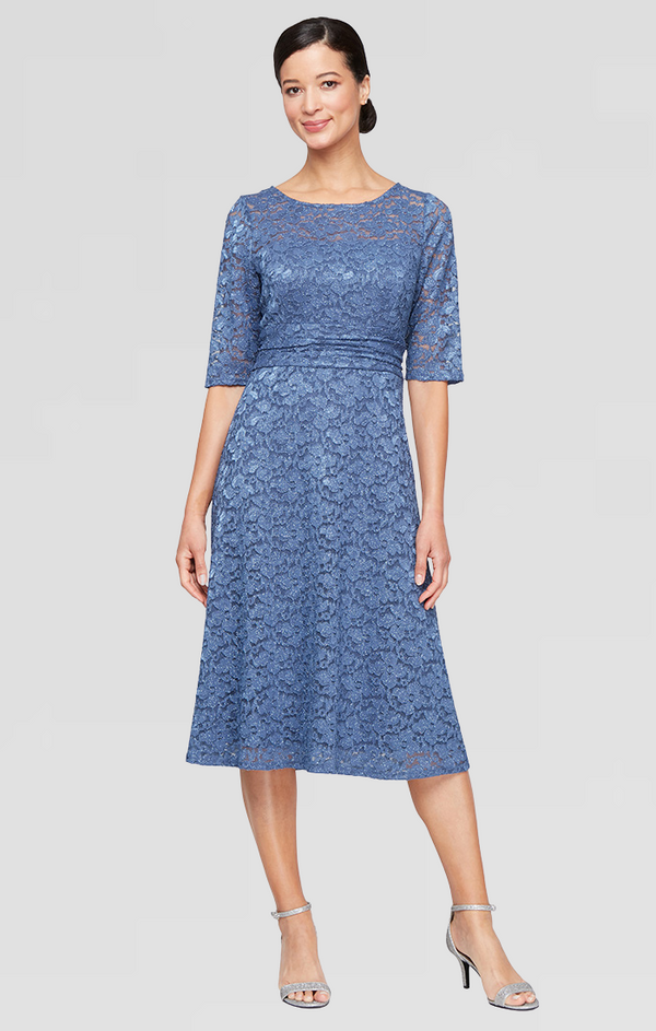 S.L. Fashions Plus - Tea Length Stretch Glitter Lace Dress with Ruched Waist Elbow Sleeves and A-Line Skirt