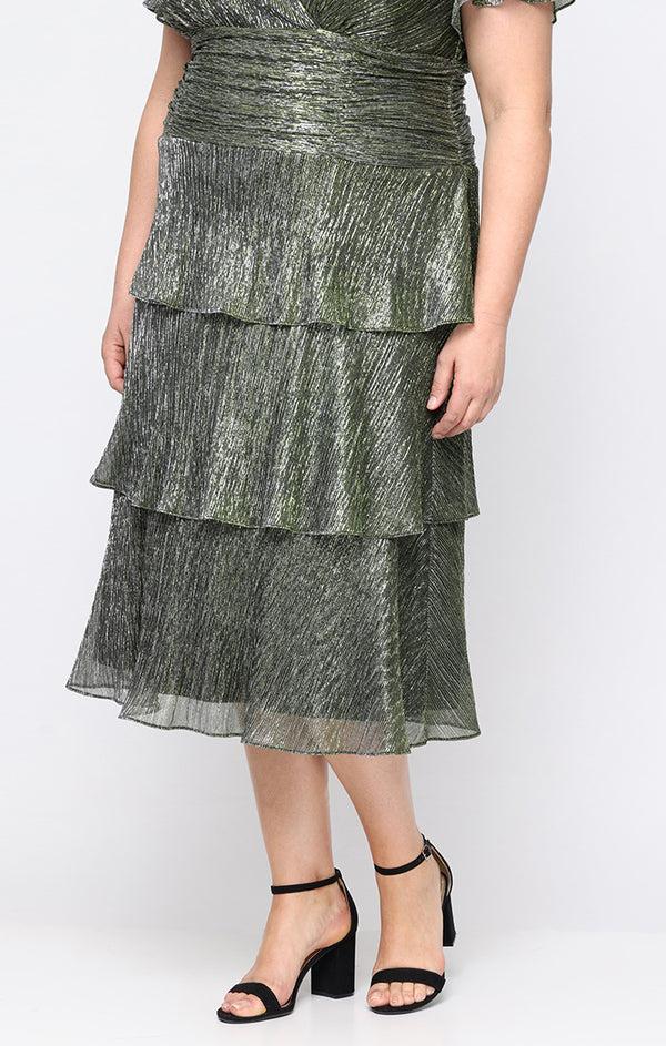 S.L. Fashions Plus Tea Length Surplice Neckline Dress With Ruched Waist Flutter Sleeves And Tiered Skirt