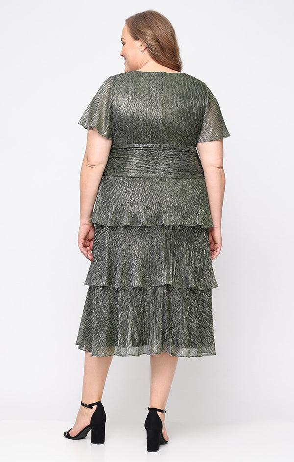 S.L. Fashions Plus Tea Length Surplice Neckline Dress With Ruched Waist Flutter Sleeves And Tiered Skirt