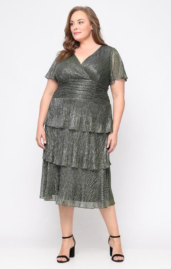 S.L. Fashions Plus Tea Length Surplice Neckline Dress With Ruched Waist Flutter Sleeves and Tiered Skirt